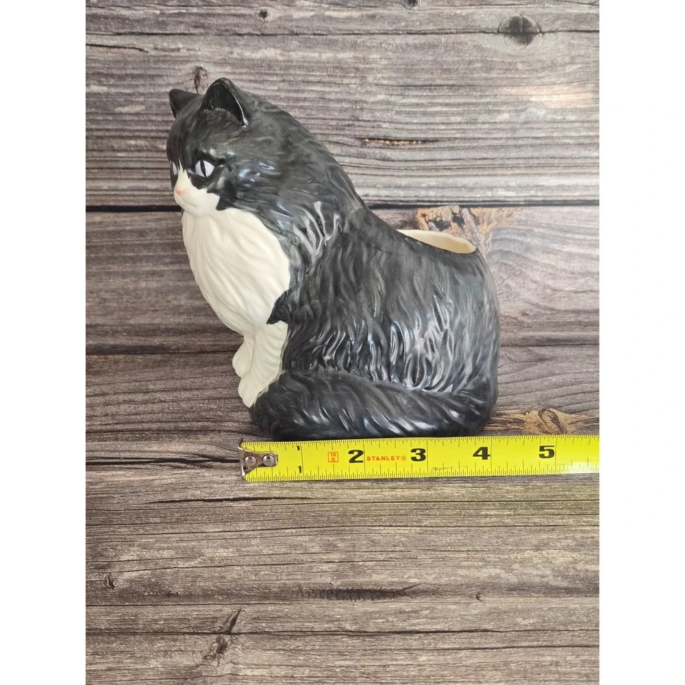 Vintage Ceramic Tuxedo Cat Planter Black White Longhair Feline Pot Takashi Japan